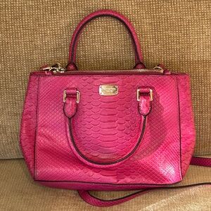 Michael Kors Kellen satchel handbag in hot pink, snakeskin-embossed leather